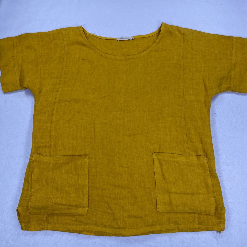 Francesca Bettini Mustard Yellow 100% Linen Short Sleeve Pocket Top Italy L